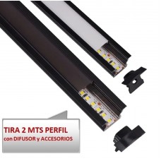 Perfil Aluminio Empotrar Negro ECO 24x15mm. para tiras LED, barra 2 Metros -completo- (a 9,00€/mt.)