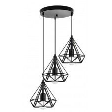 Lámpara Colgante Vintage estructura metálica Negra Diamante con 3 p/lampara E27 con cable y florón redondo